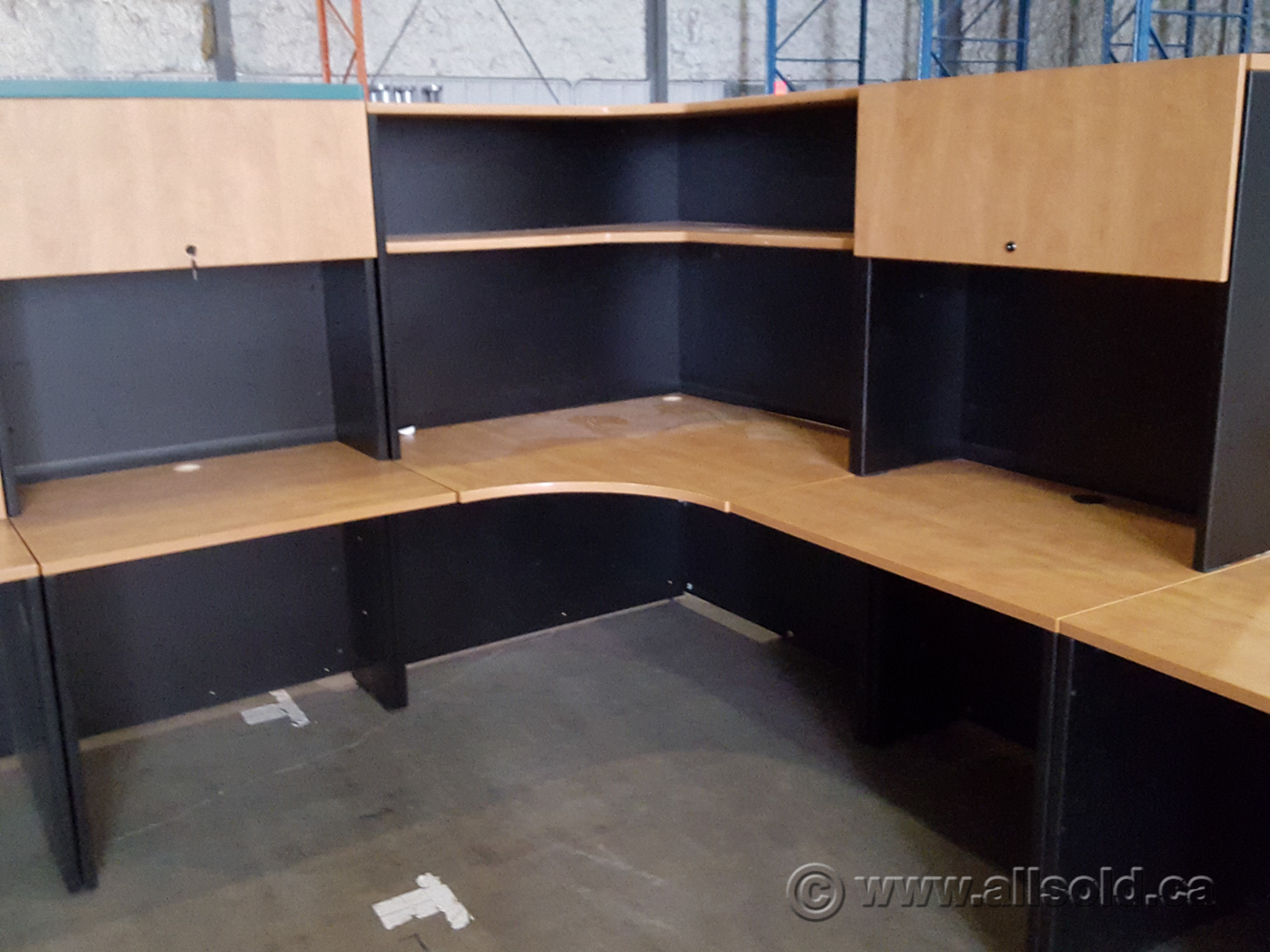 Maple and Black Open L Suite Desk with Overhead Storage 6 pc Allsold